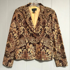 FOCUS 2000 Vintage Tapestry Blazer Jacket Brown Tan Paisley Floral Lined Size 8